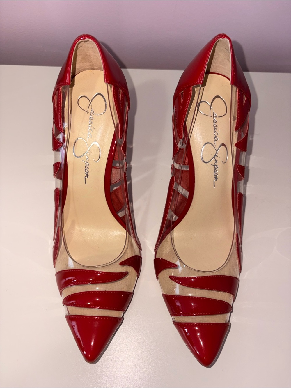 Jessica Simpson Red Patent Pointed Toe Pumps with Clear Panels